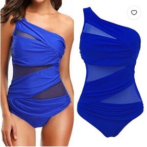 Royal blue asymmetric sheer panel monokini